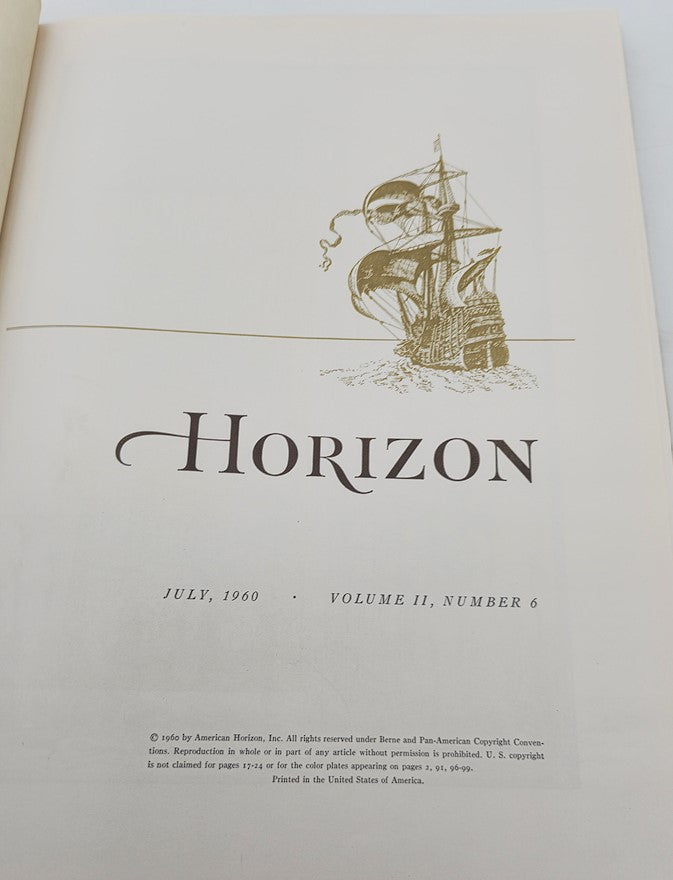 Title page of VTG Horizon Magazine of Art July 1960 Vol 11 #6, featuring elegant typography and nautical illustration.