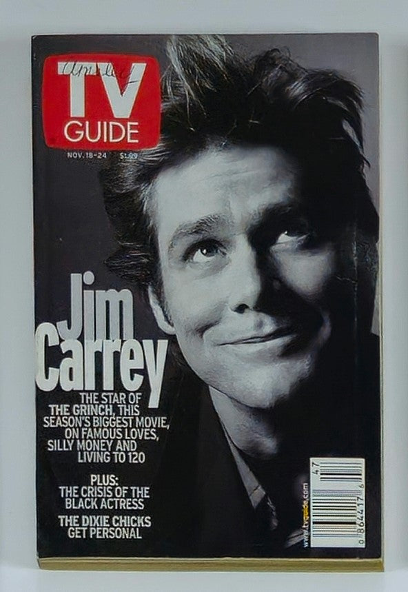 TV Guide Magazine cover from November 18, 2000, featuring Jim Carrey smiling as The Grinch, promoting his role in the film adaptation of Dr. Seuss's classic.