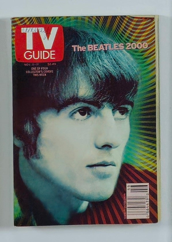 Cover of TV Guide Magazine November 11, 2000 featuring George Harrison with colorful background, emblematic of music history and pop culture.