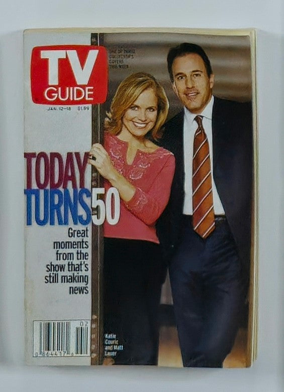 Cover of TV Guide Magazine dated January 12, 2002, featuring Matt Lauer and Katie Couric. The issue celebrates 50 great moments from the show that continues to make headlines.