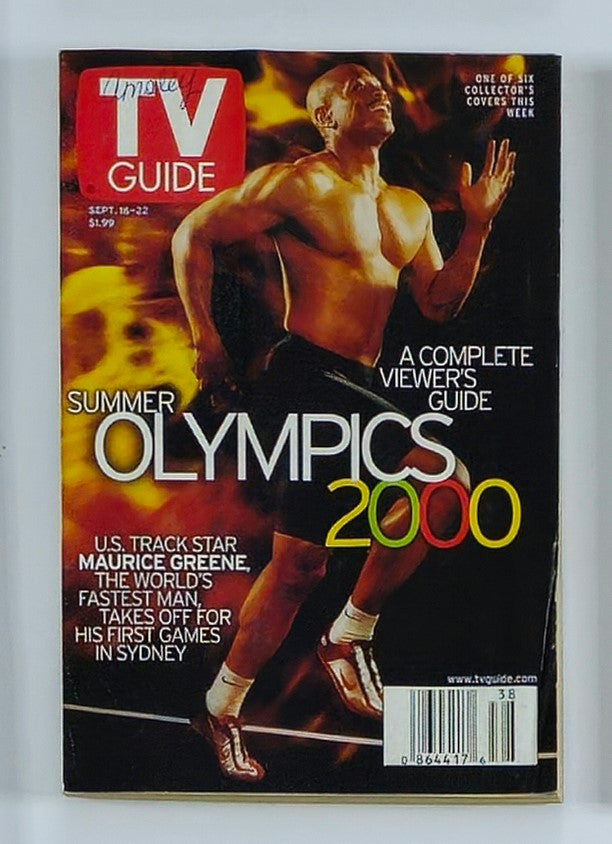 Cover of TV Guide Magazine September 16, 2000 featuring Olympic gold medalist Maurice Greene, highlighting Summer Olympics 2000 and showcasing a vibrant image of Greene in action, reflecting sports history and vintage magazine appeal.