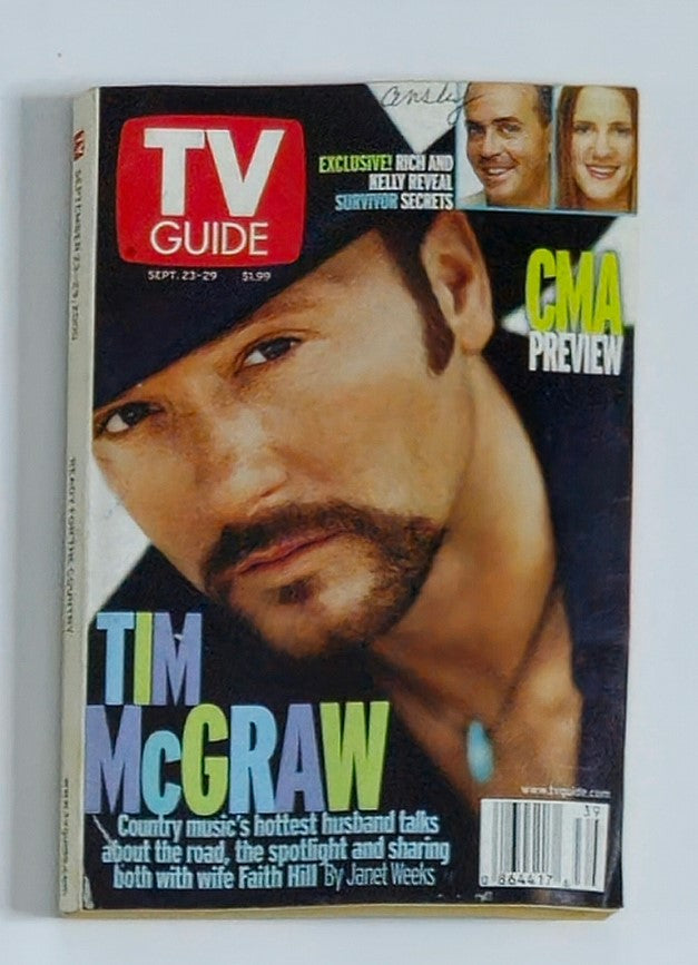 TV Guide Magazine September 23, 2000 featuring country artist Tim McGraw, showcasing his interview and highlights from the CMA Preview. This collectible vintage magazine captures the essence of early 2000s television culture.