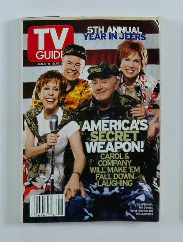 Cover of TV Guide Magazine January 5 2002 featuring Carol Burnett, Tim Conway, and cast members, highlighting 'America's Secret Weapon' with a patriotic background.