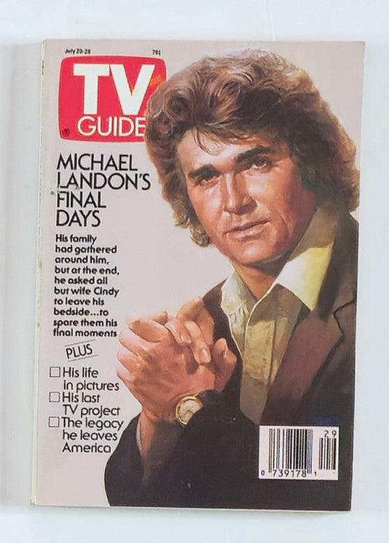 TV Guide Magazine cover from July 20, 1991, featuring the headline 'Michael Landon's Final Days'. The cover displays a portrait of the beloved television star Michael Landon, known for roles in 'Little House on the Prairie' and 'Highway to Heaven'. The magazine includes features on his life, final TV project, and legacy.