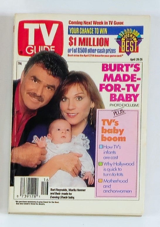 TV Guide Magazine April 20 1991 featuring Burt Reynolds and Marilu Henner on the cover, highlighting their roles in television with a baby, capturing the essence of early '90s entertainment.