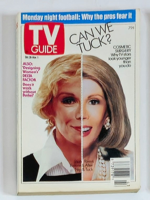 TV Guide Magazine October 26 1991 featuring Joan Rivers, highlighting a split image depicting her before and after cosmetic surgery. The cover includes the title 'CAN WE TUCK?' along with features on Monday night football and other television topics.