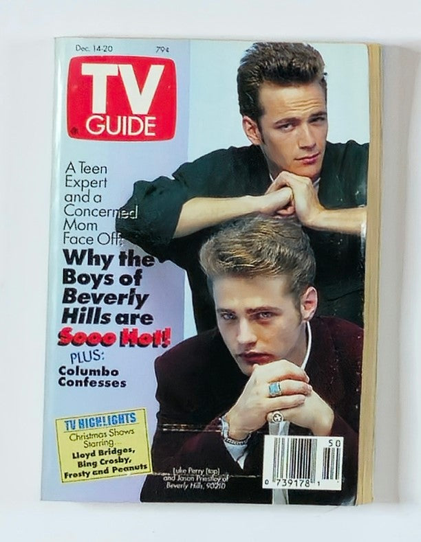 TV Guide Magazine December 14 1991 featuring Luke Perry and Jason Priestley on the cover, highlighting the cultural impact of 'Beverly Hills, 90210' with vibrant colors and iconic 90s style.