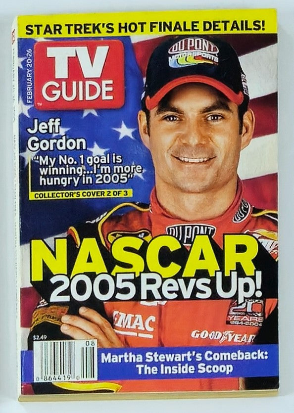 TV Guide Magazine February 20 2005 featuring Jeff Gordon, highlighting NASCAR with a quote about his drive for success in 2005. Collector's edition showcasing motorsport history.