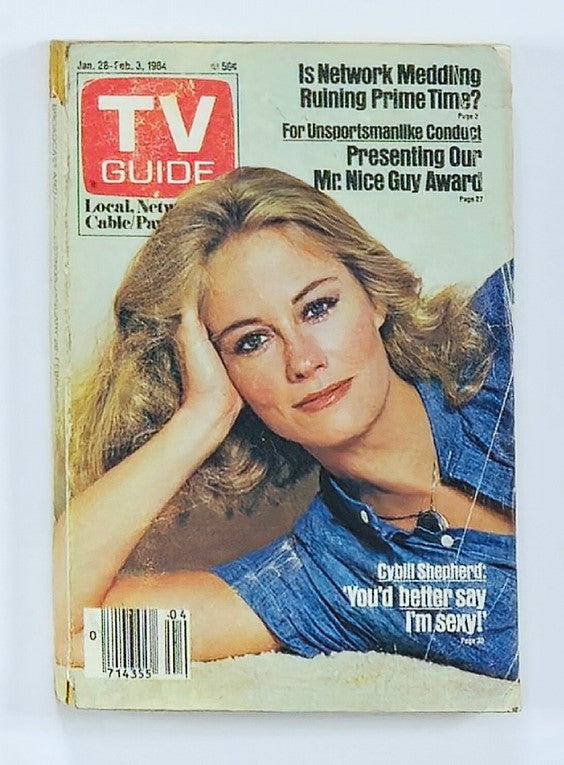 TV Guide Magazine January 28, 1984 cover featuring Cybill Shepherd, highlighting her iconic beauty and a nostalgic representation of early 1980s television culture.