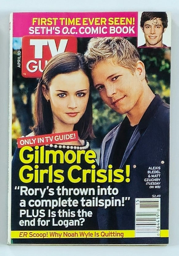 Cover of TV Guide Magazine, April 10, 2005 featuring Alexis and Matt, highlighting 'Gilmore Girls Crisis!' with a bold cover design and vibrant images.