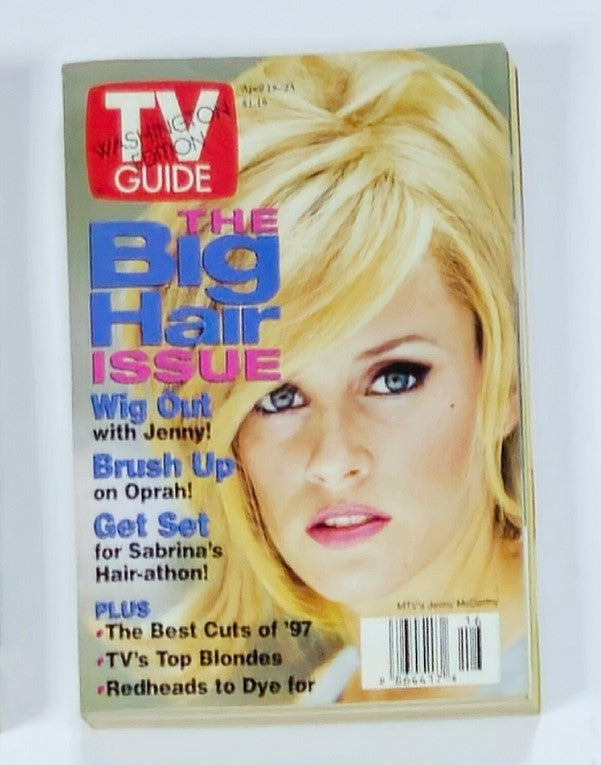 TV Guide Magazine cover from April 19, 1997 featuring MTV's Jenny McCarthy. The cover highlights 'The Big Hair Issue' with promotional text about hair tips and featured segments including 'Wig Out with Jenny!' and 'Brush Up on Oprah!'. The magazine captures the essence of 90s pop culture with vibrant colors and iconic hairstyles.