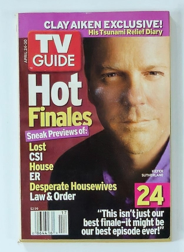 TV Guide Magazine April 24 2005 featuring Kiefer Sutherland on the cover, highlighting TV shows like 24, Lost, and Desperate Housewives, representing entertainment culture of the mid-2000s.
