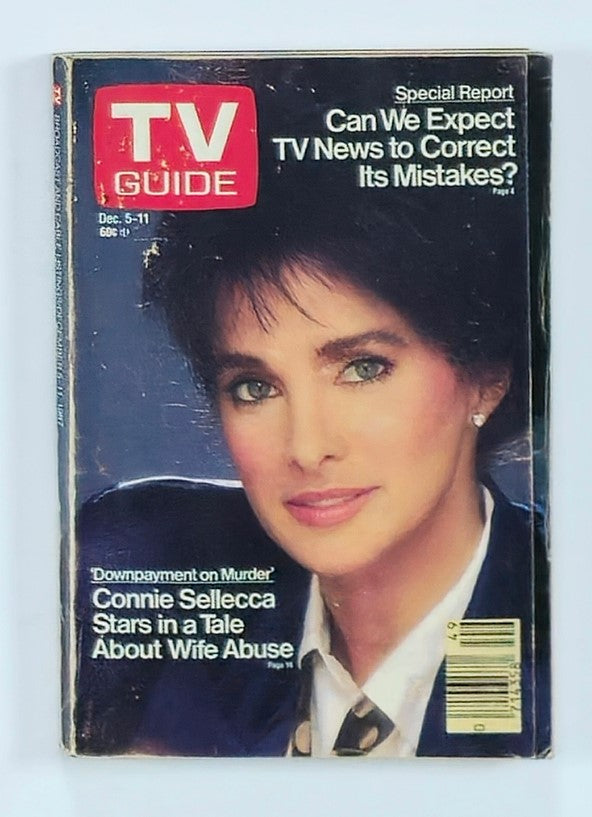 TV Guide Magazine cover from December 5, 1987 featuring Connie Sellecca, showcasing her beauty along with the headline about a special report on TV news. This issue highlights the show 'Downpayment on Murder' and reflects the pop culture of the late 1980s.