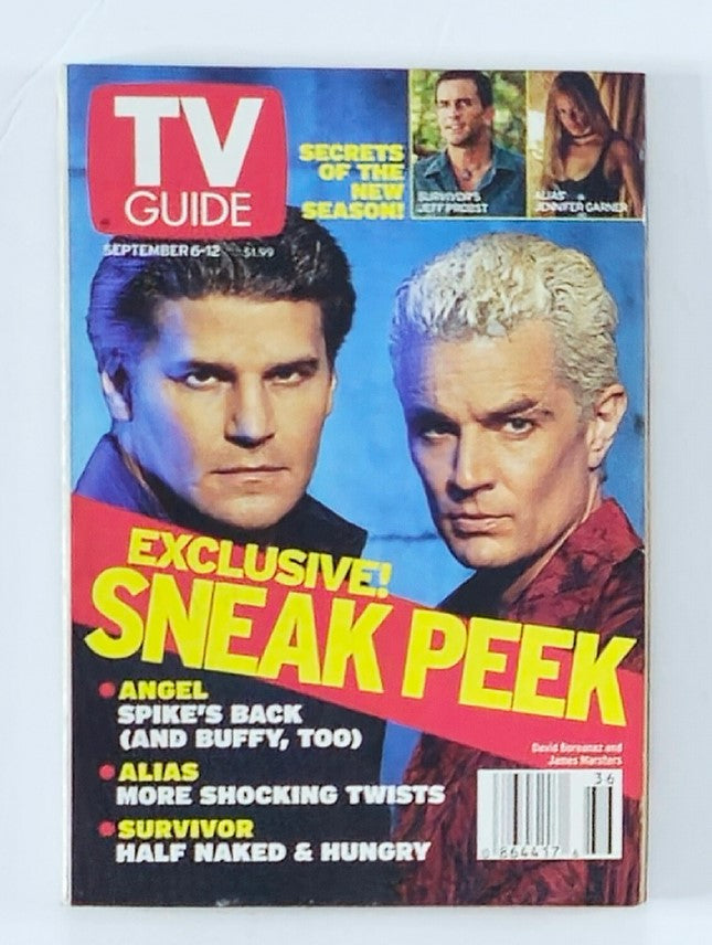 TV Guide Magazine Cover from September 6, 2003 featuring David Boreanaz and James Marsters, highlighting exclusive sneak peeks of shows like Angel, Buffy the Vampire Slayer, and more.
