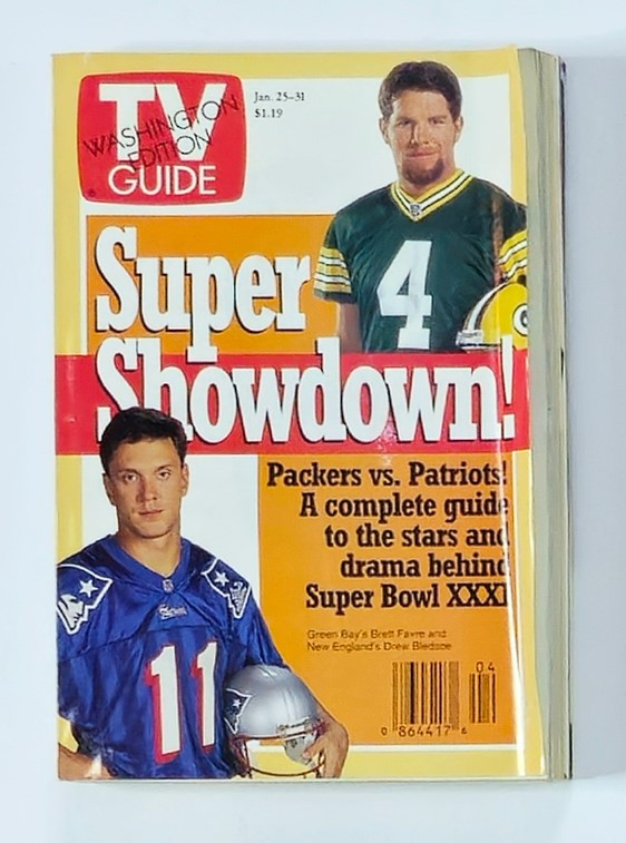 Vintage TV Guide Magazine cover from January 25, 1997, featuring football stars Brett Favre and Drew Bledsoe, highlighting the Super Bowl XXX matchup between the Packers and Patriots.