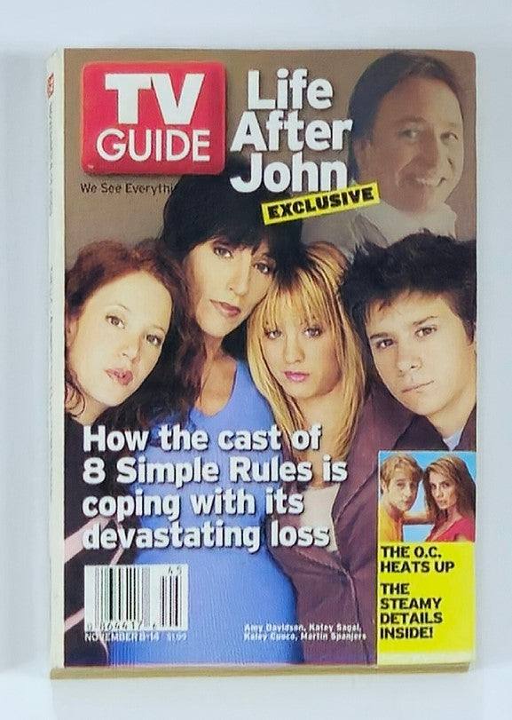 TV Guide Magazine November 8 2003 featuring Amy Davidson on the cover, depicting the cast of '8 Simple Rules' addressing a significant television moment, with a focus on themes of loss and resilience.