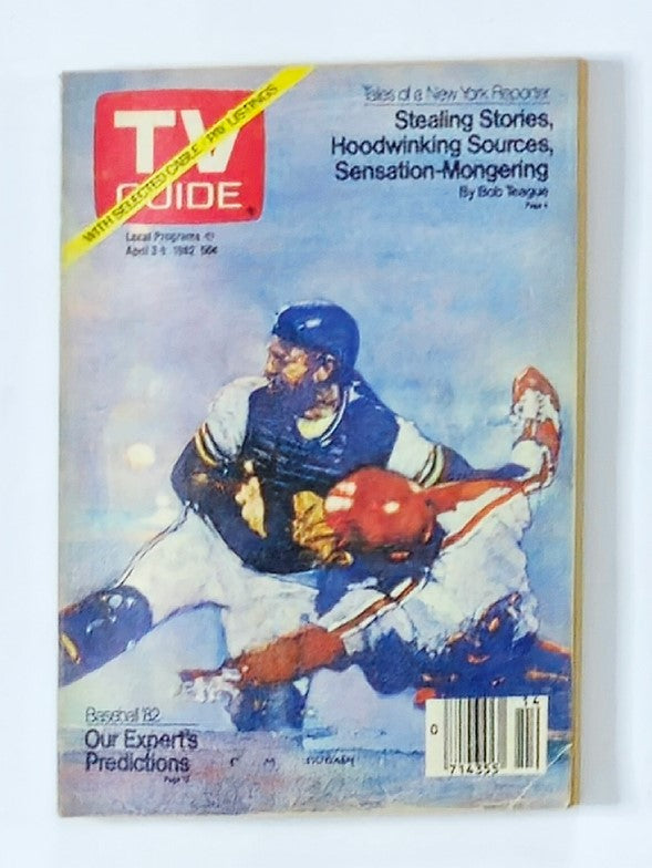 TV Guide Magazine April 3 1982 cover featuring an illustration of a baseball player and a catcher, highlighting the theme of expert predictions in sports.
