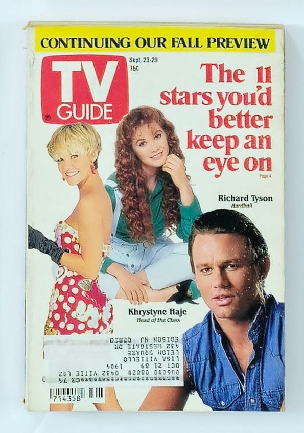 TV Guide Magazine cover from September 23, 1989, featuring Richard Tyson and Khrystyne Haje. The cover highlights 'The 11 stars you'd better keep an eye on' with images of Tyson and Haje, popular actors of the late 80s.