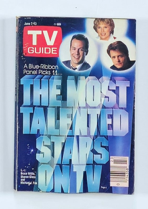 TV Guide Magazine from June 7, 1986 featuring Hollywood icons Bruce Willis and Sharon Gless on the cover, showcasing vintage television history.