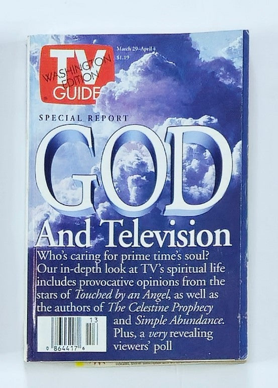 Cover of TV Guide Magazine March 29, 1997 featuring a special report on God and Television. The cover highlights a discussion on spirituality in TV shows, with a sky backdrop and bold text.