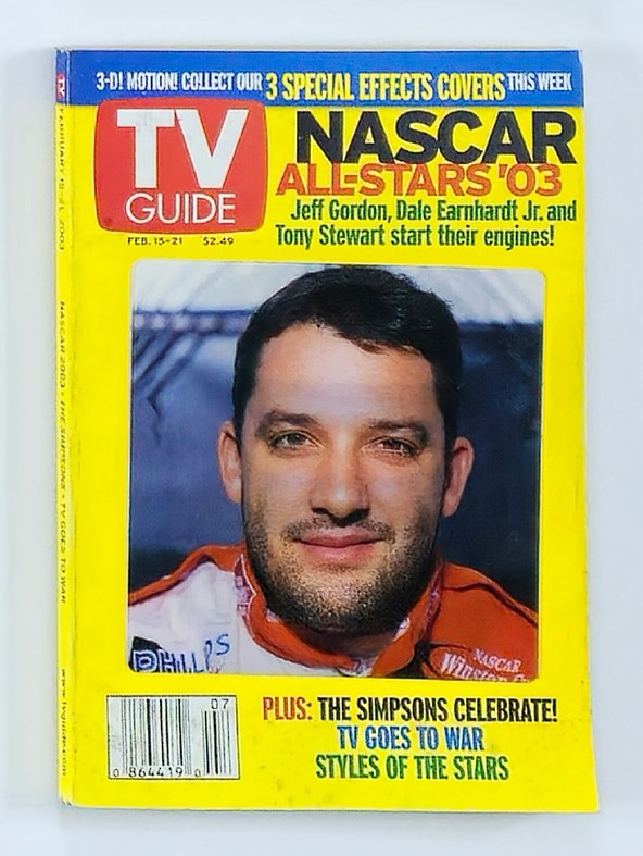 TV Guide Magazine February 15 2003 featuring Tony Stewart on the cover, showcasing a close-up of the NASCAR superstar amidst a vibrant yellow background, accompanied by headlines about NASCAR, TV programming, and popular culture from the early 2000s.