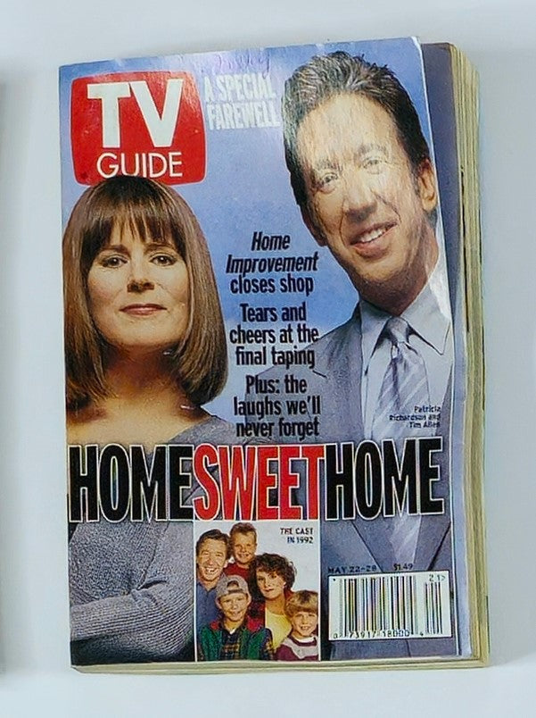 TV Guide Magazine cover from May 22, 1999, featuring Patricia Richardson and Tim Allen, celebrating the farewell of 'Home Improvement'. This vintage magazine is an iconic piece of television history, showcasing the stars and popular shows from the late 90s.