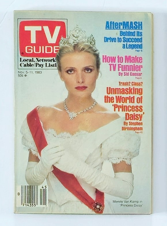 TV Guide Magazine cover from November 5, 1983, featuring Merete Kamp in a glamorous gown with a tiara, includes articles on popular shows and cultural insights from the early 80s television era.