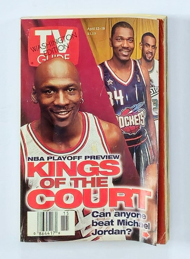 Cover of TV Guide Magazine April 12 1997 featuring NBA star Michael Jordan from the Washington Edition, highlighting the NBA Playoff Preview with the title 'Kings of the Court' and the question 'Can anyone beat Michael Jordan?'. This vintage magazine captures a pivotal moment in 1990s sports culture.