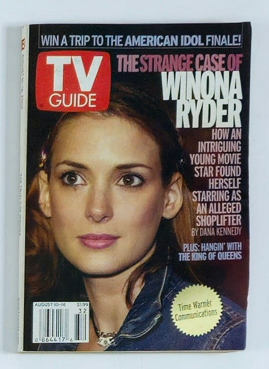 TV Guide Magazine August 10 2002 featuring Winona Ryder on the cover, showcasing an intriguing image of the actress with the headline about her role in 'The Strange Case of Winona Ryder'.
