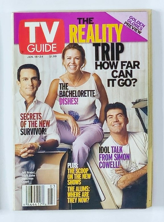 TV Guide Magazine January 18, 2003 featuring notable personalities Jeff Probst, Trista Rehn, and Simon Cowell on the cover, highlighting reality TV topics such as The Bachelorette and American Idol.