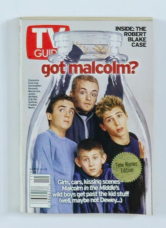 Cover of TV Guide Magazine March 16, 2002 featuring the title 'got malcolm?' with four young male actors from the TV show Malcolm in the Middle. Highlights early 2000s television culture.