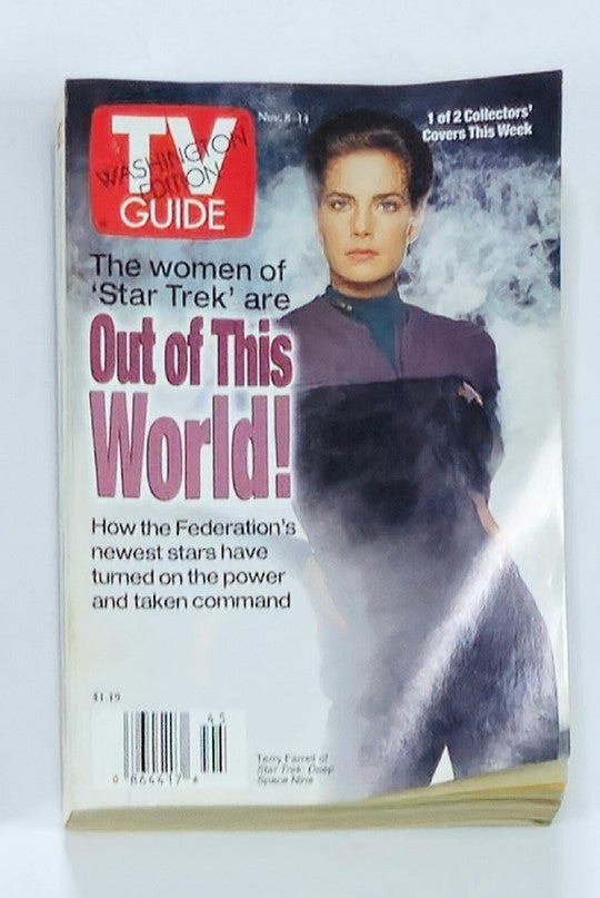 TV Guide Magazine from November 8, 1997 featuring Terry Farrell on the cover, highlighting the women of 'Star Trek' with the text 'Out of This World!' emphasizing the show's impact on television. A vintage collectible showcasing the 90s pop culture and entertainment.