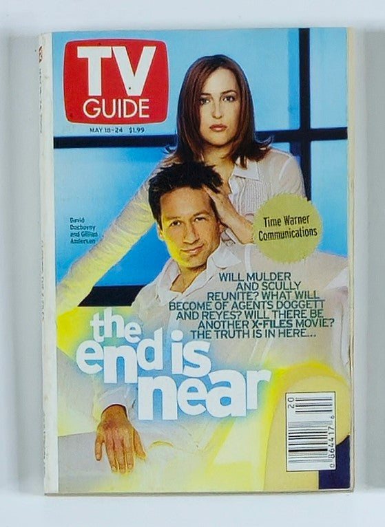 TV Guide Magazine May 18 2002 featuring David Duchovny and Gillian Anderson from The X-Files. The cover highlights the iconic duo with the tagline 'the end is near', reflecting the show's cultural significance and nostalgia of the early 2000s.