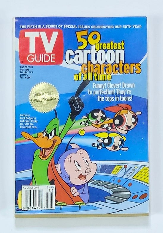 TV Guide Magazine August 3 2002 featuring The Powerpuff Girls on the cover, highlighting 50 greatest cartoon characters of all time with a vibrant illustration.