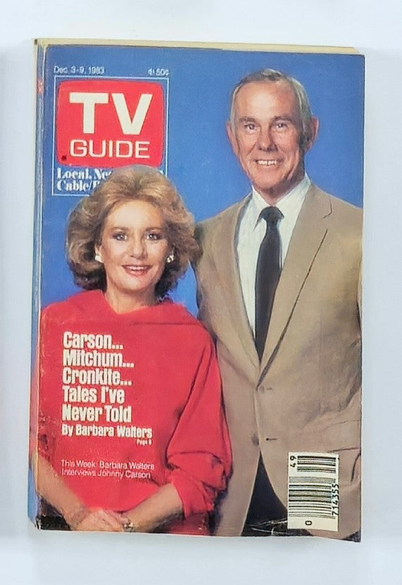 TV Guide Magazine December 3 1983 featuring Barbara Walters and Johnny Carson, highlighting classic television history.