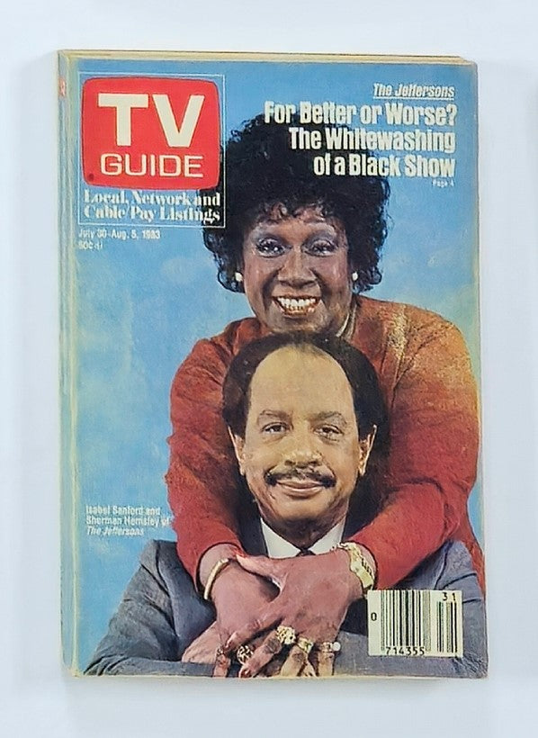 TV Guide Magazine cover from July 30, 1983, featuring Isabel Sanford and Sherman Hemsley, highlighting their roles in 'The Jeffersons'. This vintage magazine showcases the entertainment culture of the early 80s.