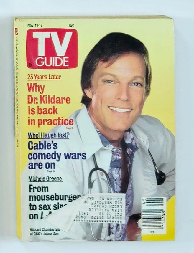 Cover of TV Guide Magazine dated November 11, 1989 featuring Richard Chamberlain. The magazine highlights Dr. Kildare's return, showcases television trends of the late 80s, and includes articles on comedy and cable wars, making it a collectible item for vintage magazine enthusiasts.