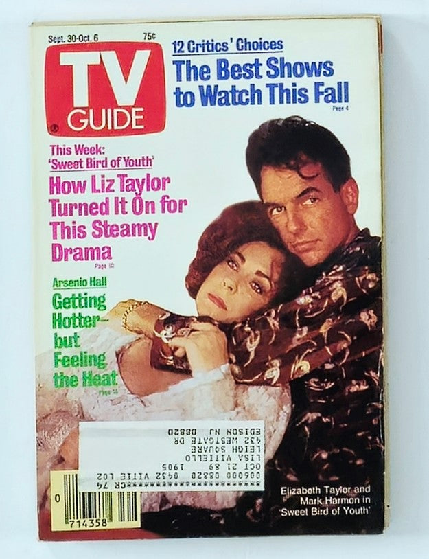 TV Guide Magazine from September 30, 1989 featuring Elizabeth Taylor and Mark Harmon on the cover, highlighting the show 'Sweet Bird of Youth' and articles on television culture and entertainment of the late 80s.