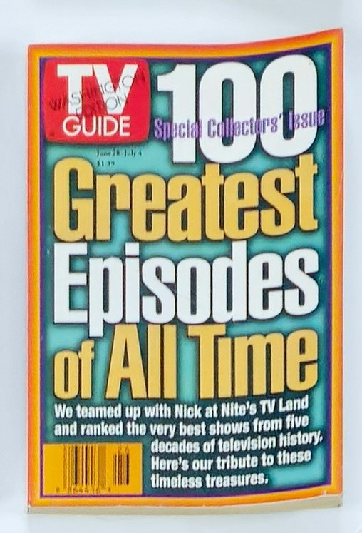 Cover of TV Guide Magazine dated June 28, 1997 featuring 'The 100 Greatest Episodes of All Time'. This special collector's issue highlights notable television shows from five decades, showcasing a vibrant design and nostalgic appeal for fans and collectors.