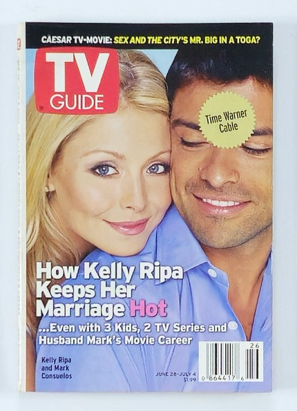 TV Guide Magazine cover from June 28, 2003 featuring Kelly Ripa and Mark Consuelos. This collectible issue highlights their influence on television, showcasing their charm and relationship in the entertainment industry.