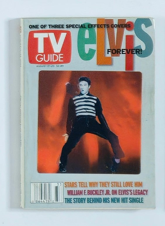 TV Guide Magazine August 17, 2002 featuring Elvis Presley Forever cover story. This vintage magazine showcases a special effects cover with Elvis, capturing the essence of early 2000s television and honoring the legacy of the King of Rock and Roll.