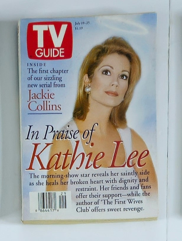 Cover of TV Guide Magazine from July 19, 1997 featuring Kathie Lee Gifford and highlighting an article by Jackie Collins, showcasing 90s pop culture.