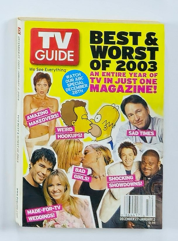 TV Guide Magazine featuring Jennifer Aniston on the cover, December 27, 2003, showcasing the best and worst of TV in 2003, highlighting popular shows and cultural moments from that era.