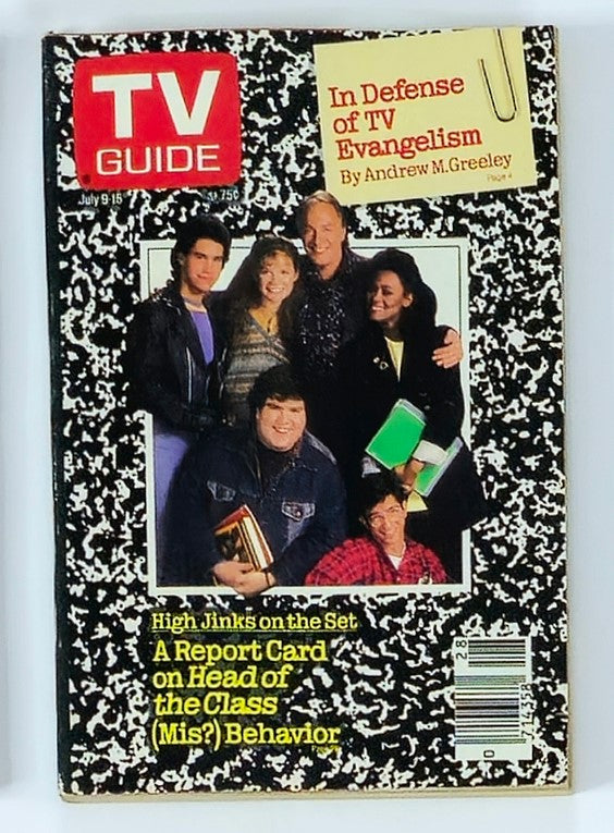 Cover of TV Guide Magazine dated July 9, 1988, featuring the cast of 'Head of the Class'. The magazine highlights an article about the show's set, surrounded by a black and white splatter background.