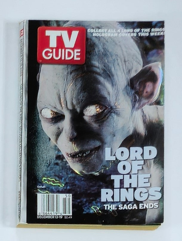TV Guide Magazine December 13 2003 featuring Gollum from The Lord of the Rings. Vintage magazine cover showcasing the character from the film adaptation with the tagline 'The Saga Ends' highlighting its significance in pop culture.