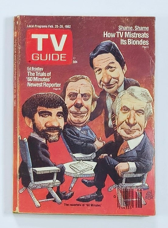 TV Guide Magazine February 20 1982, featuring caricatures of the reporters from 60 Minutes. The cover highlights Ed Bradley as the newest reporter along with other notable figures, showcasing the magazine's discussion on media representation and the cultural context of early 1980s journalism.