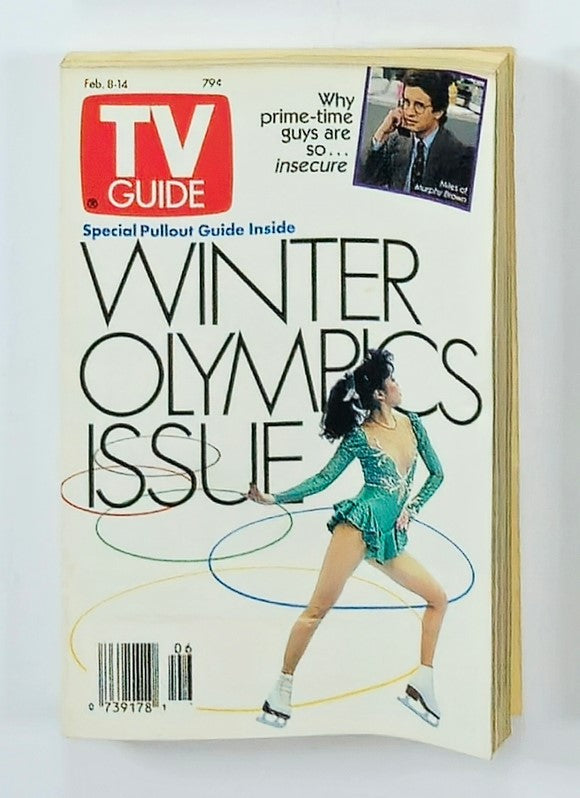 TV Guide Magazine February 8, 1992, featuring the Winter Olympics issue with a cover showing a female figure skater in a sparkling green outfit and colorful rings. A special pullout guide inside, appealing to sports enthusiasts and collectors.