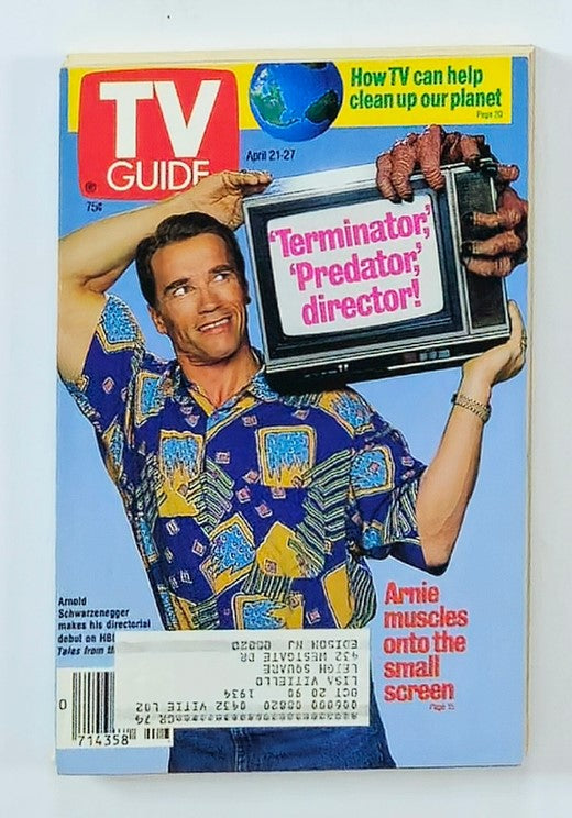TV Guide Magazine April 21, 1990 featuring Arnold Schwarzenegger on the cover, showcasing him with a television and promoting his roles in 'Terminator' and 'Predator'.