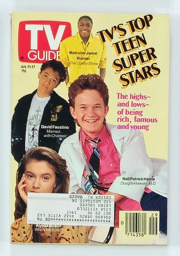 Cover of the TV Guide Magazine from July 21, 1990, featuring Neil Patrick Harris and David Faustino with a vibrant design showcasing 'TV's Top Teen Super Stars' and highlights of the era's entertainment.