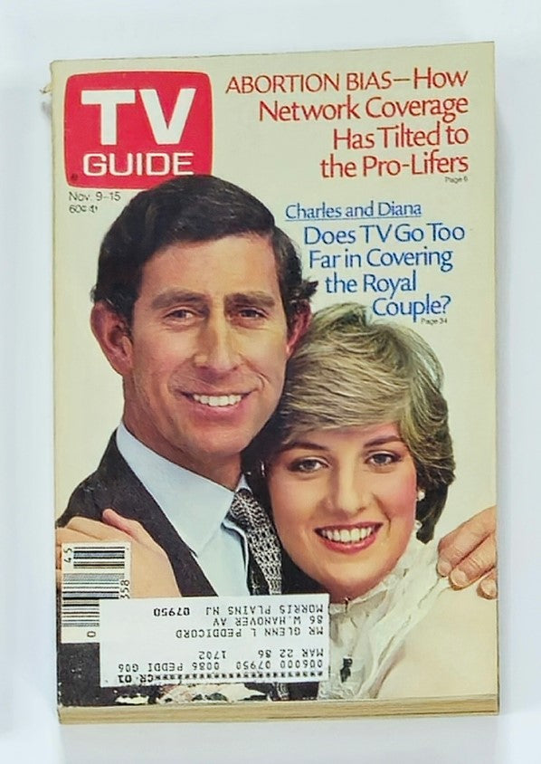 TV Guide Magazine cover from November 9, 1985 featuring Prince Charles and Princess Diana, highlighting their significance in royal history and popular culture. The cover also includes text on television coverage of the royal couple, making it a nostalgic piece for collectors.